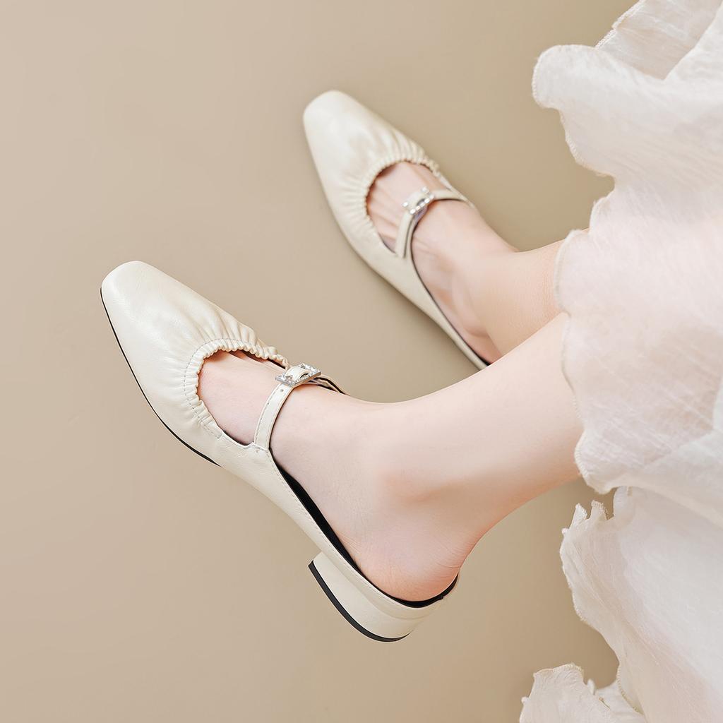 Square Head Half Slippers Women's Summer Outer Wear One Word with Folds Silver Bag Head Single Shoes Women