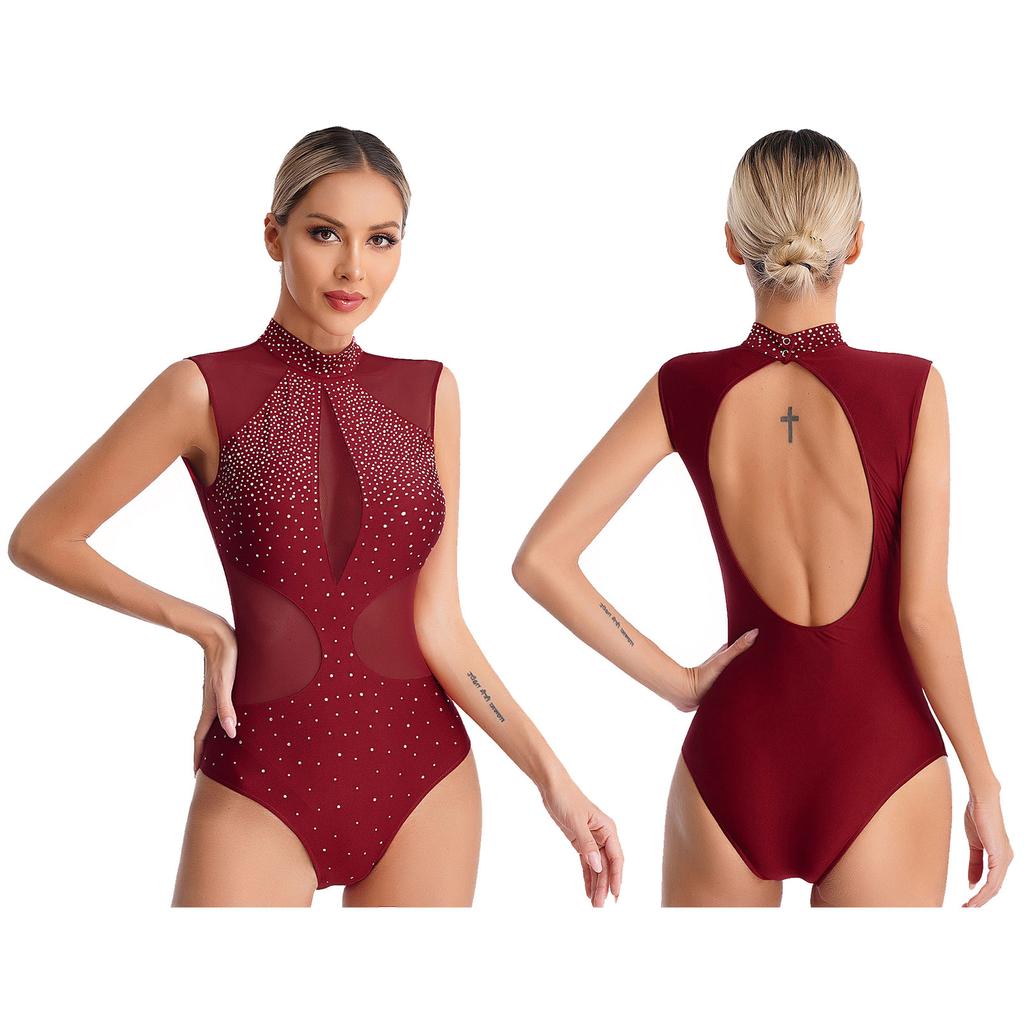 Womens Figure Skating Dance Leotard Sparkly Rhinestones Sheer Mesh Patchwork Sleeveless Cutout Back Bodysuit for Gymnastics