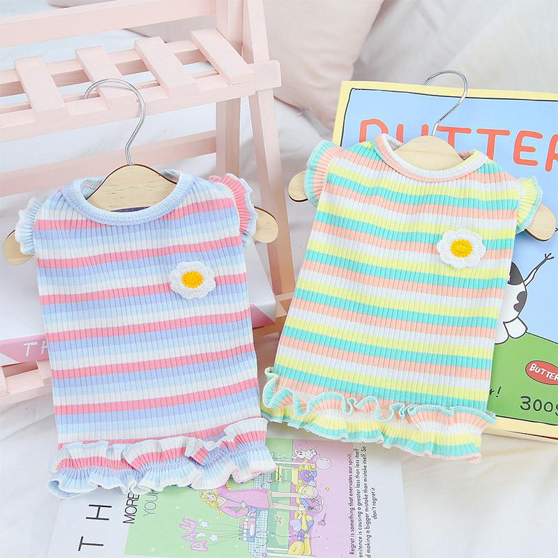 Spring and autumn thin color striped Korean ins style dog general clothing teddy bear knitted fungus edge skirt