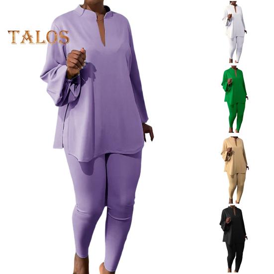 2 шт./компл., женский топ, брюки, комплект с воротником-стойкой и длинным рукавом, свободная блузка с разрезом по краю, эластичная талия, облегающие брюки, повседневная одежда, летняя одежда