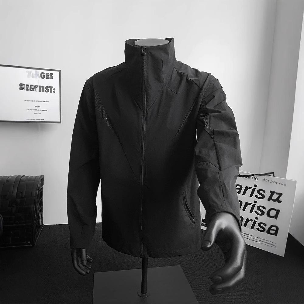 Бело-серая короткая сетчатая одежда от солнца мужская летняя легкая и тонкая ледяной шелк дышащая куртка американский воротник-стойка уличная одежда от солнца