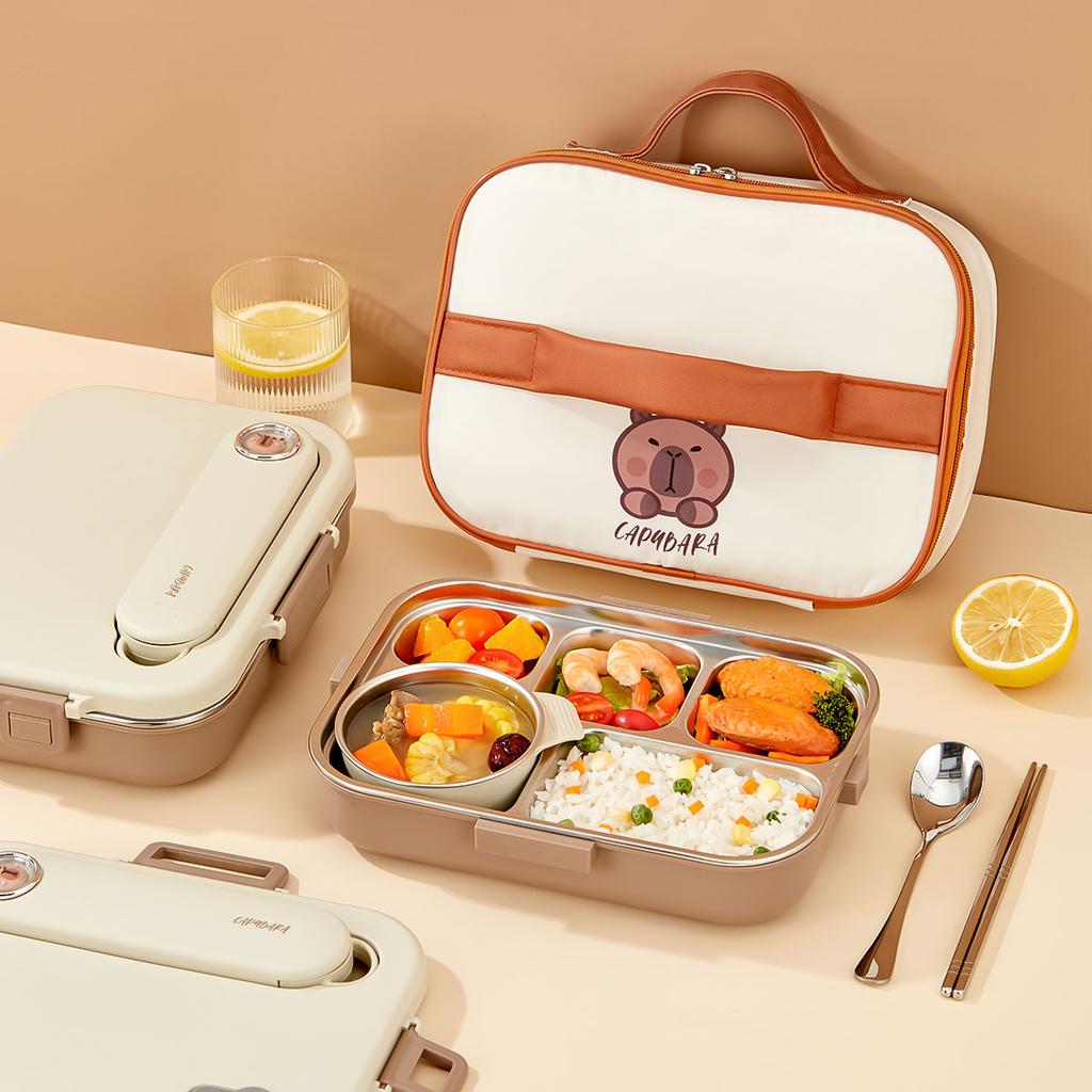 Capybara 304 Stainless Steel Divided Lunch Box With Bowl & Cutlery Microwave Students Portable Large Capacity Bento Box