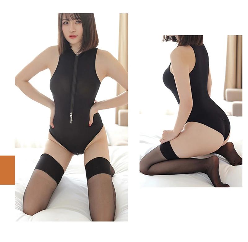 Аниме Сексуальные цельные комбинезоны Косплей Костюм Бикини Sukumizu Купальник Молния Открытая грудь Промежность Тонкий Женский Боди