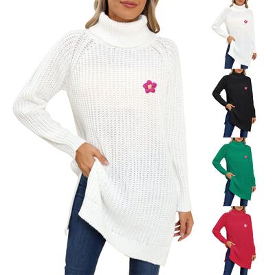 Женский утолщенный свитер, связанный вручную крючком, водолазка, разрез, платье-свитер