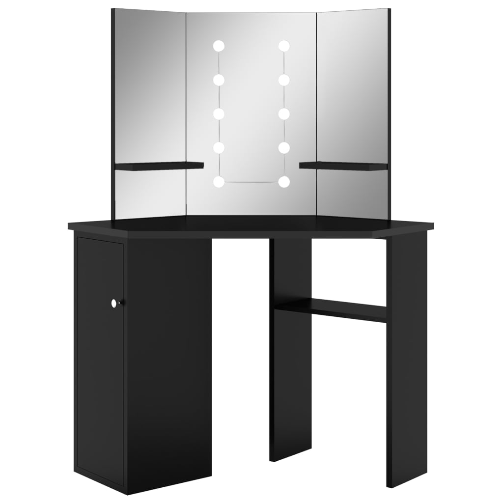 Corner Vanity Table with LED Lights Black 111 x 54 x 141.5 cm
