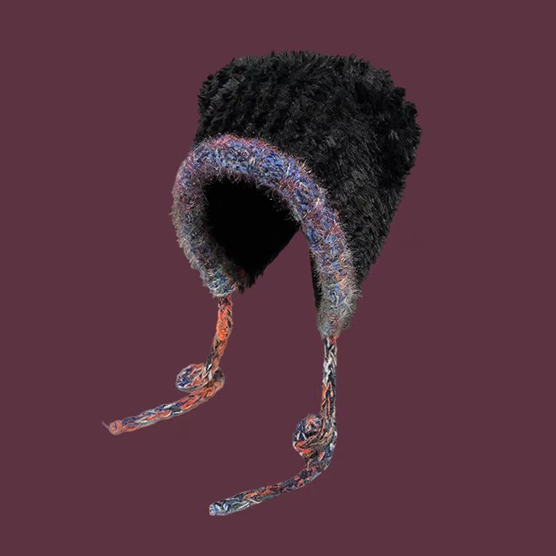 Lace-Up Bear Ears Plush Hat Women'S Winter Versatile Warm Ear Protection Knitted Hat Big Head Circumference Wool Hat