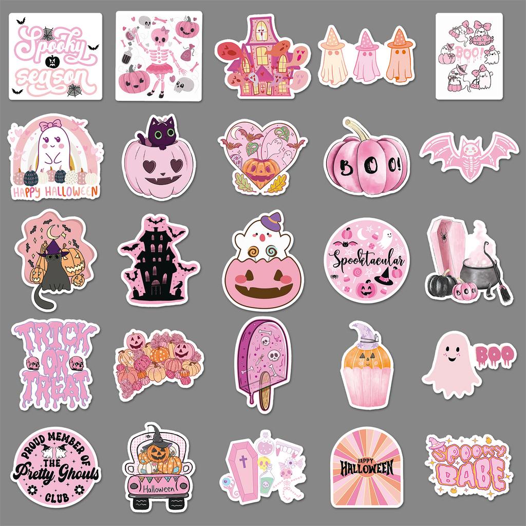 50 Розовых Хэллоуинских Граффити Наклеек Персонализированные Мультяшные Праздничные Украшения Наклейки для Чехла Мобильного Телефона и Водяной Кружки