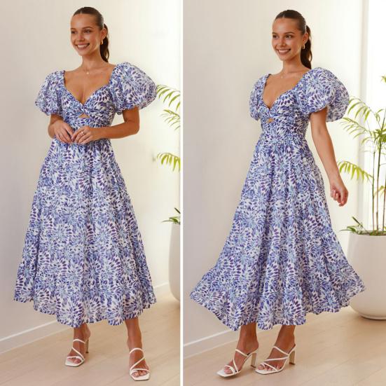 Women Evening Dress Bubble Sleeves Low-cut Off Shoulder Colorful Print A-line Big Hem Patchwork Hollow Out Pleated