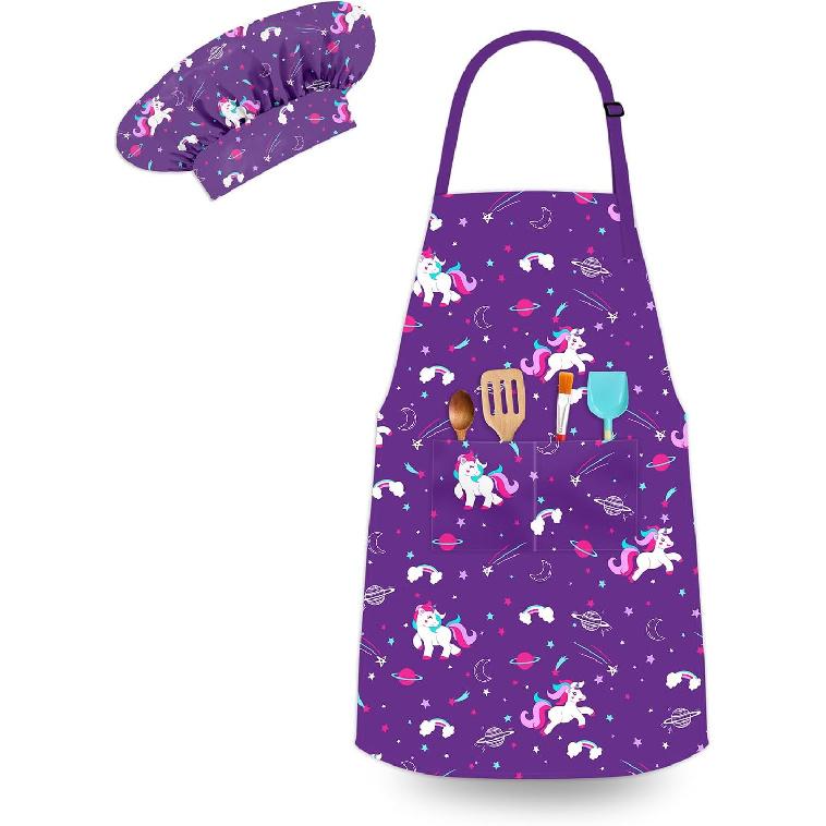 Kids Chef Hat and Apron, Adjustable Kids Aprons with Pocket Girls Boys Kitchen Toddler Aprons for Cooking Baking