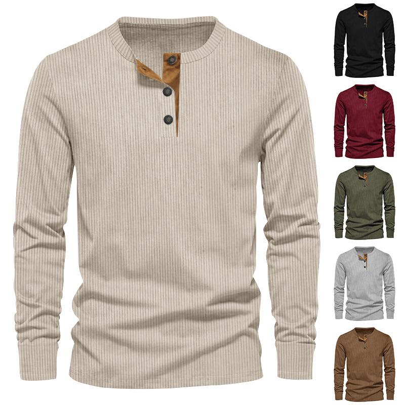Мужская вельветовая футболка-henley с длинным рукавом, приталенная, однотонная, повседневная