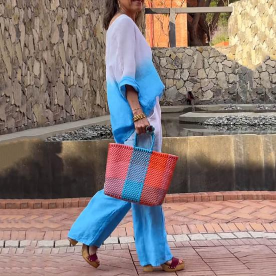 Женская футболка и брюки, комплект домашней одежды, градиентный контрастный цвет, топ с круглым вырезом и длинными рукавами