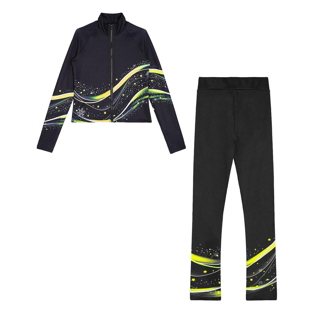 Kids Figure Skating Jacket Set Stand Collar Long Sleeve Printed with Leggings for Workout