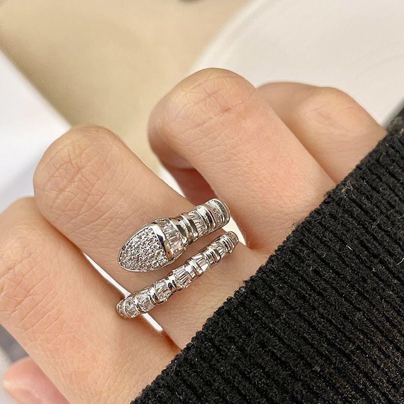 Luxury Zircon Sparkling Diamond Spirit Serpentine Ring Silver Open Ring High Quality Texture Simple and Versatile Trendy Cool Handmade for Women