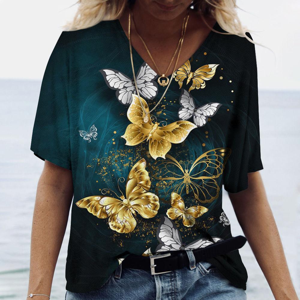 Women's T-shirts Fashion Tops V-neck Colorful Butterfly T Shirt Female Short Flowers 3 Print Casual T-Shirts