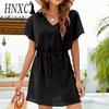 Женская мода лето весна сплошной цвет печати короткий рукав V-образным вырезом повседневные платья