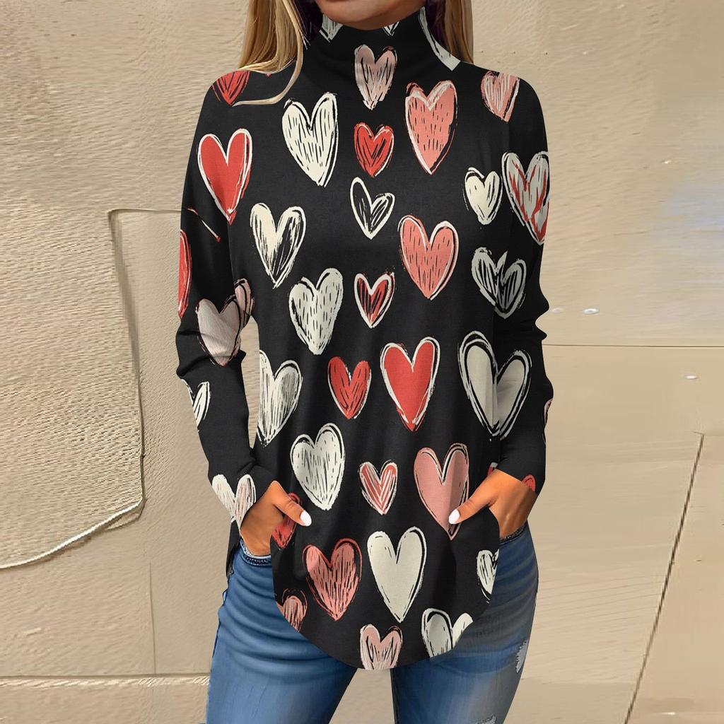 Футболки для женщин, осенние повседневные рубашки с длинным рукавом, толстовка с принтом, топ с высоким воротом, пуловер