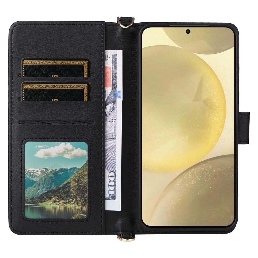For Samsung Galaxy S24 Wallet Case with Shoulder/Wrist Strap Leather Phone Cover Stand