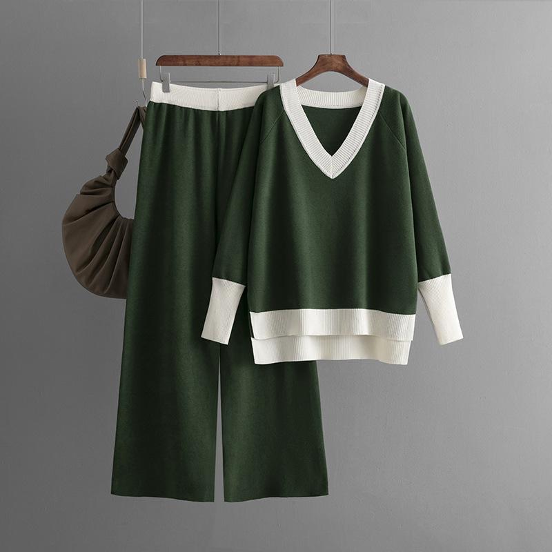2Pcs Set Solid Patchwork Casual Fashion Knit Set for Women V-neck Loose Top High Waist Straight Wide-leg Pants Soft Stylish Breathable Sweater Set