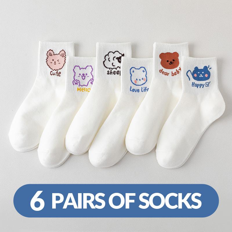 6 Pairs of Women's Spring and Autumn Cartoon Cute Animal Letter Slogan Sweet College Style Summer Breathable Mid Tube Socks