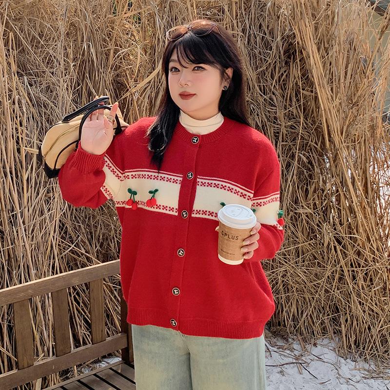 Large size women's clothing winter new lazy wind single-breasted New Year's wear red knitted cardigan 111999