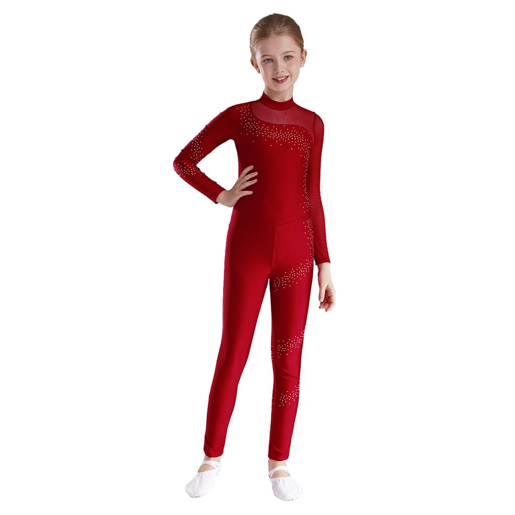 Rhinestone Gymnastics Leotard Full Body Jumpsuit Kids Girls Long Sleeve Sports Body Ballet Unitard Jersey Performance Dancewear