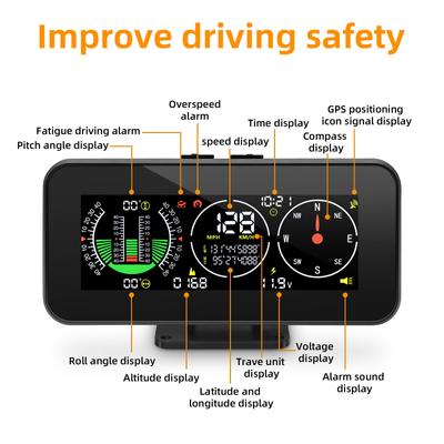 Автомобильный проекционный дисплей Цифровой измеритель угла наклона GPS Инклинометр с сигнализацией превышения скорости Компас Время Напряжение Высота Спидометр