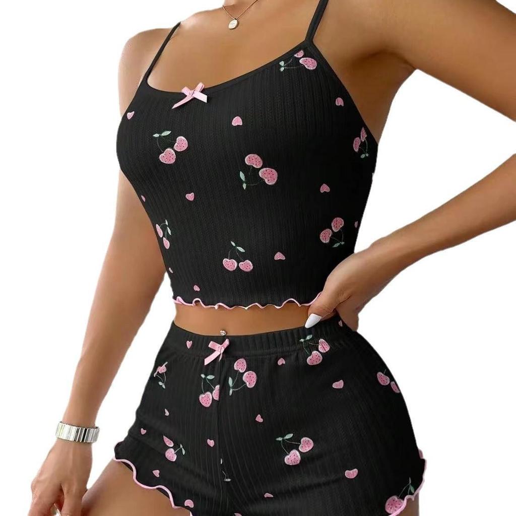 Women's Summer Cherry Print Milk Silk Camisole Sleepwear with Bowknot
