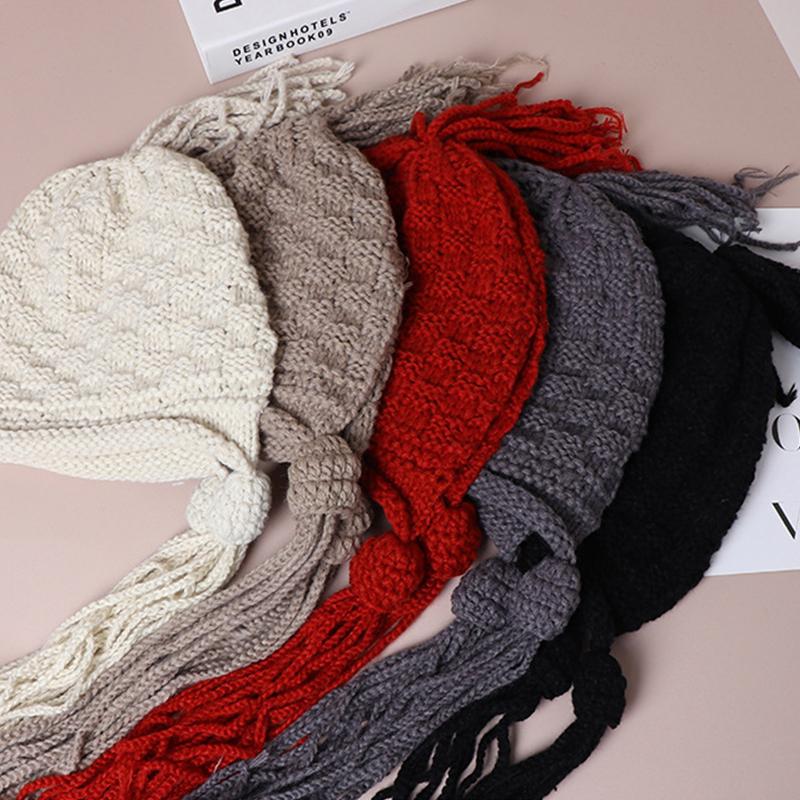 1 шт. Вязаная крючком цветная шапка для женщин, зимняя, вязаная шапка-бини с ушками, кисточкой, помпоном