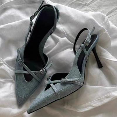 Мода 2024 Синие Джинсовые Туфли-Лодочки Слингбэки Остроносые На Высоком Каблуке Обувь для Женщин Новые Женские Туфли-Лодочки Сандалии с Ремешком Крест-накрест и Пряжкой