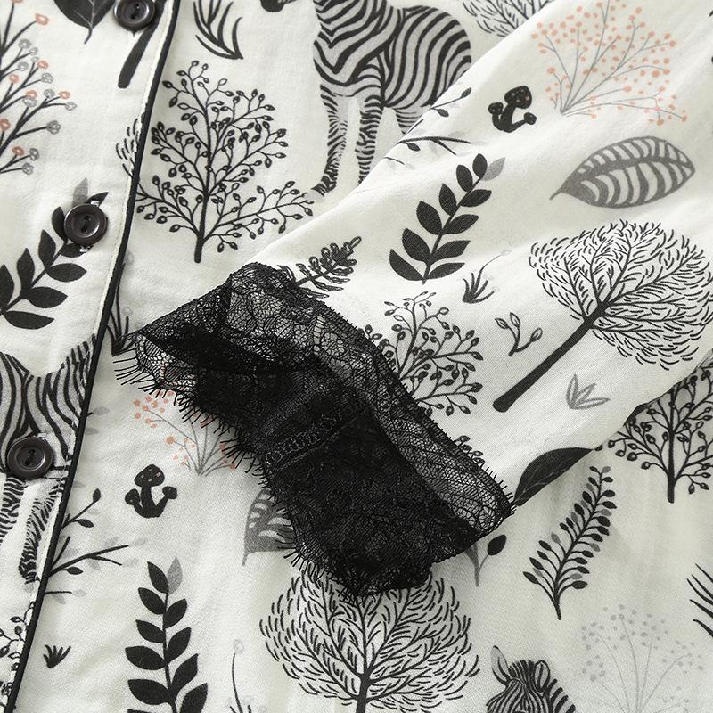 Простая двухслойная женская пижама из чистого хлопка с марлей, весна/осень, тонкая, с длинными рукавами, свободная домашняя одежда, черная пижама с принтом «зебра и лес»