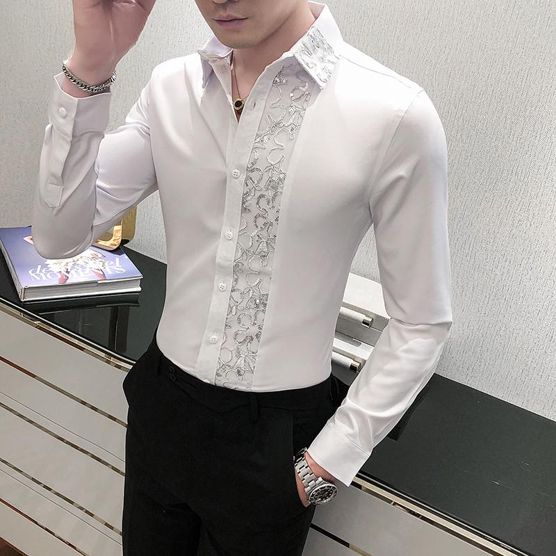 British Style Casual Shirts Men Shine Lace Splicing Personality Banquet Dress Shirts Men's Slim Tuxedo Shirt Solid Color Super Stage Costume