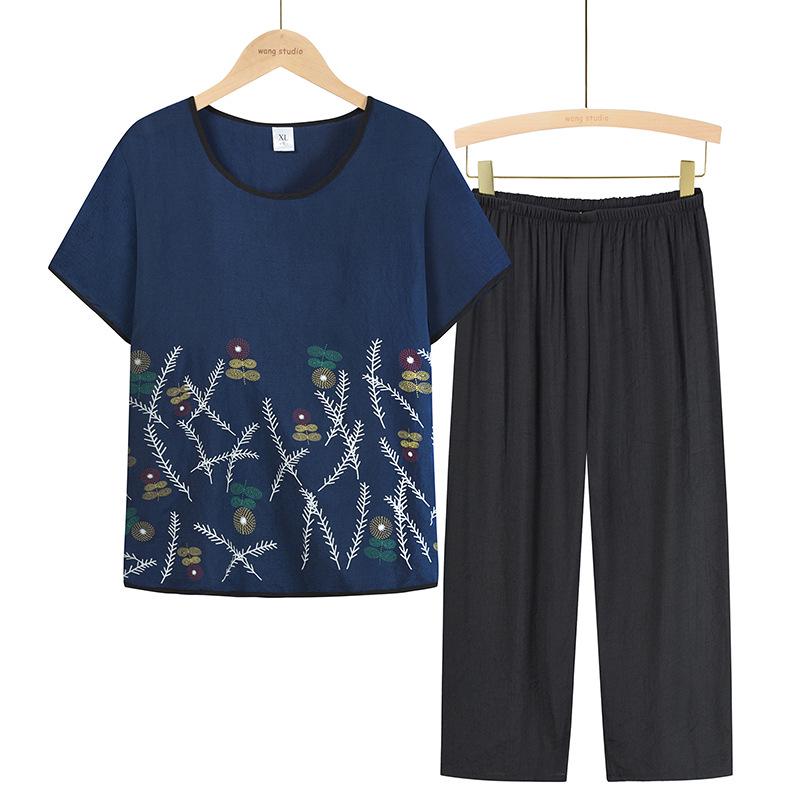 Летние двухкомпонентные топы из хлопка и льна для женщин 60-70 лет - Короткий рукав