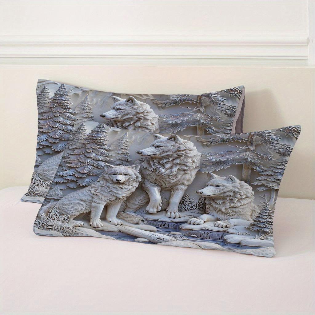 Комплект пододеяльника с 3D-принтом белого волка и леса (1 Пододеяльник + 2 Наволочки Без Вставки) Всесезонное полиэстеровое постельное белье