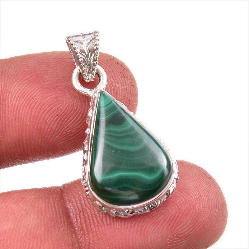 Natural Malachite Gemstone Handmade 925 Solid Sterling Silver Pendant 1.5'' W7i88