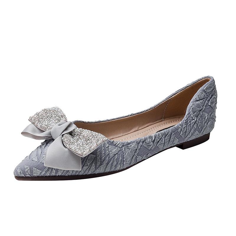 Pointed Single Shoes Women's New Shallow Mouth Rhinestone Bow Soft Sole Pregnant Women Ladyshoes Flat Beanie Shoes