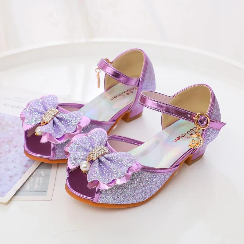 Весна Осень Девочки Кожаные Туфли Мэри Джейн Модные Блестящие Бантики Детские Принцессы Тонкие Туфли Блестки Детские Сандалии На Высоком Каблуке