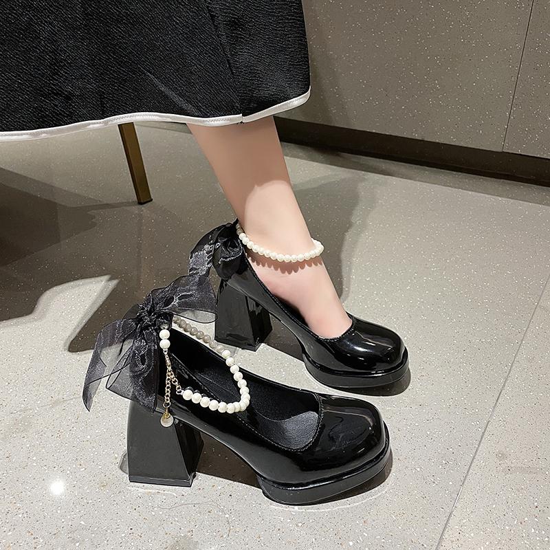 Модные женские туфли на высоком каблуке с элегантным бантом и квадратным носком, черные туфли на высоком каблуке, модные туфли на толстом каблуке для свадебной вечеринки с жемчужным кружевом