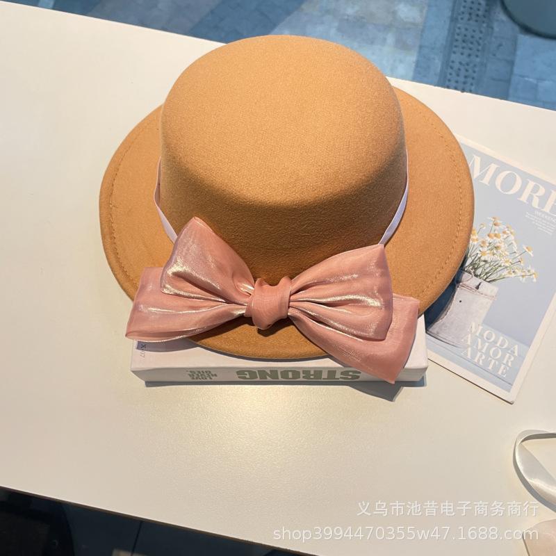 Bow flat top hat women's simple woolen hat high-end temperament top hat versatile fashion French jazz hat