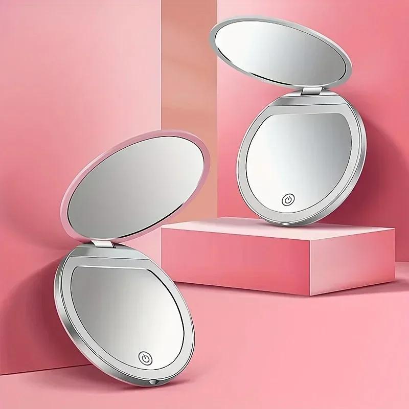 Portable LED Travel Makeup Mirror with 2X Magnification and Three Level Dimming - Double Sided, Handheld, Compact and Folding