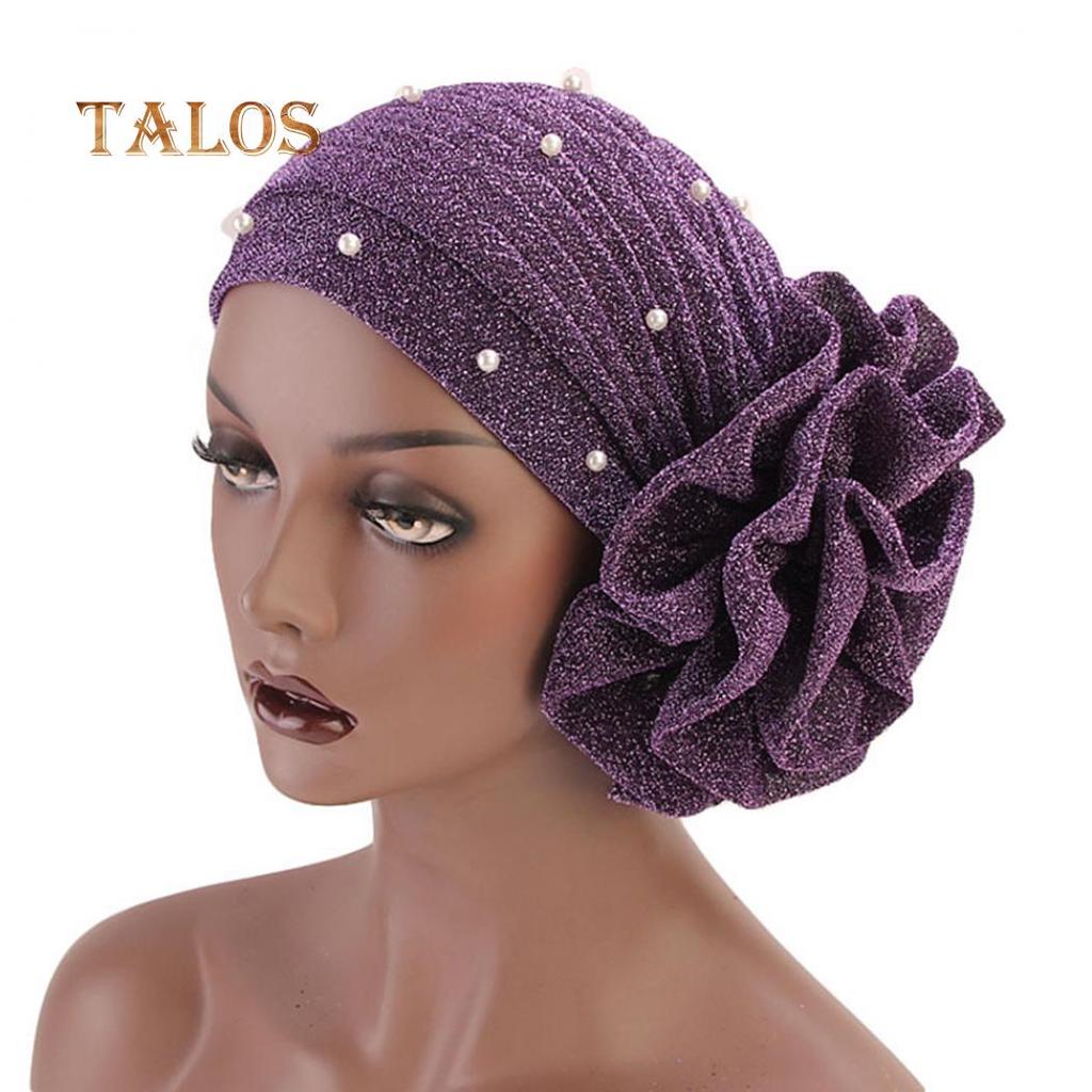 TALOS Fashion Faux Pearl Decor Big Flower Women Hijab Turban Hat Head Wrap