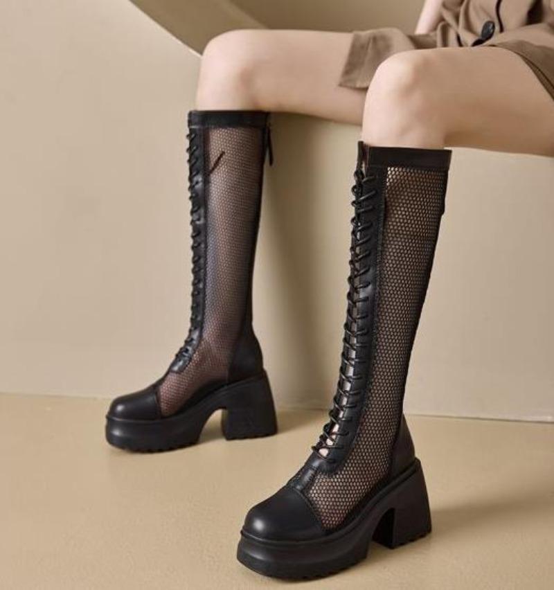 Мода 10 см Воздушная сетка Натуральная кожа Женские Летние Мотоциклетные Сапоги Платформа Высокий Каблук До Колена Полый Замок Женские Ботильоны Мода