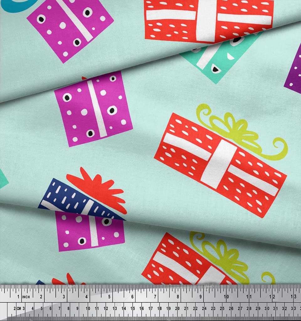 Soimoi Green Cotton Voile Fabric Gift Box Party Print Fabric by the metre 56 Inch