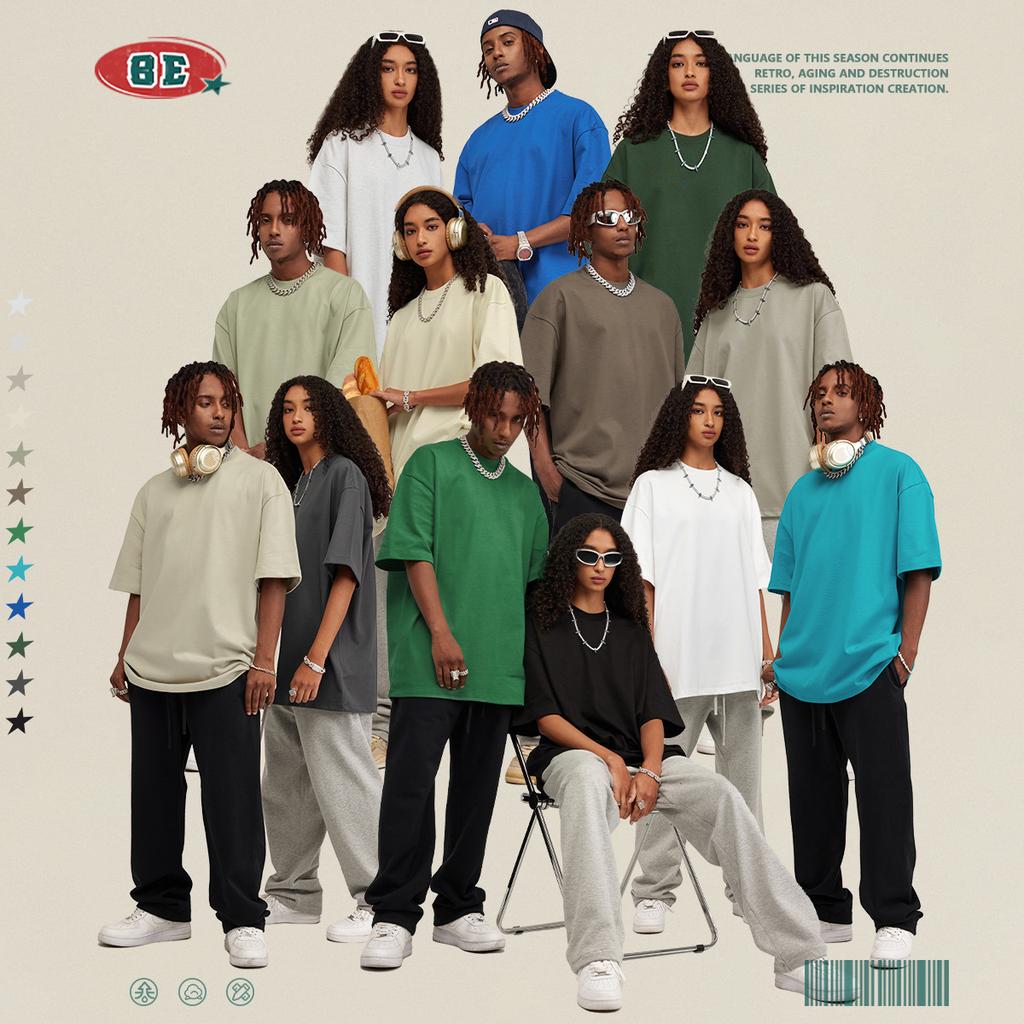 2024 футболка из чистого хлопка, тяжелый вес 425 г, однотонная с открытыми плечами, с короткими рукавами, свободная модная брендовая пара с короткими рукавами