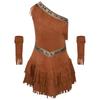 Kids Girls Native American Princess Costume One Shoulder Sleeveless Fringe Suede Dress with Tassel Sleeves - Halloween Cosplay Fancy Dress Outfit
