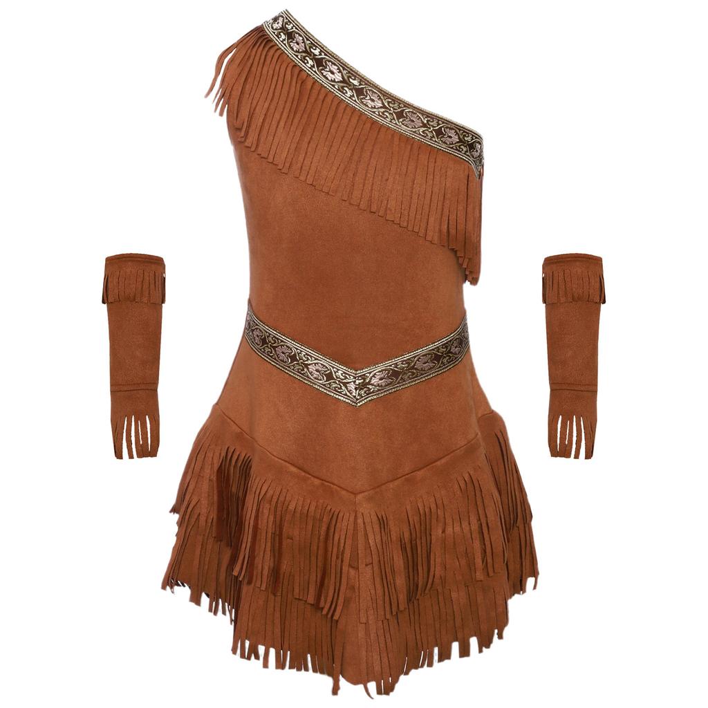 Kids Girls Native American Princess Costume One Shoulder Sleeveless Fringe Suede Dress with Tassel Sleeves - Halloween Cosplay Fancy Dress Outfit