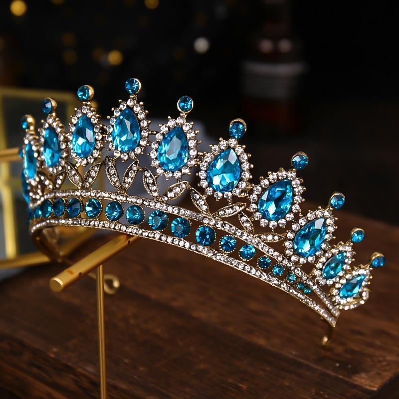 Luxury Blue Rhinestone Crystal Wedding Crown Bride Tiaras And Crowns Queen Diadem Pageant Crown Bridal Hair Jewelry Accessories
