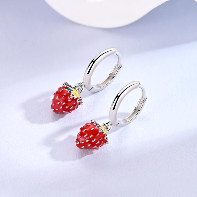 Original 925 Sterling Silver Cute Strawberry Bead Pendant Hoop Earrings Open Ring Leather Rope Bracelet For Women Jewelry Gift