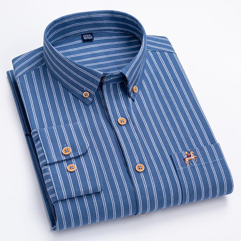 New Cotton Oxford Long Sleeve Business Men Striped Shirts Regular Fit Logo Male Casual Plaid Shirts with Front Pocket