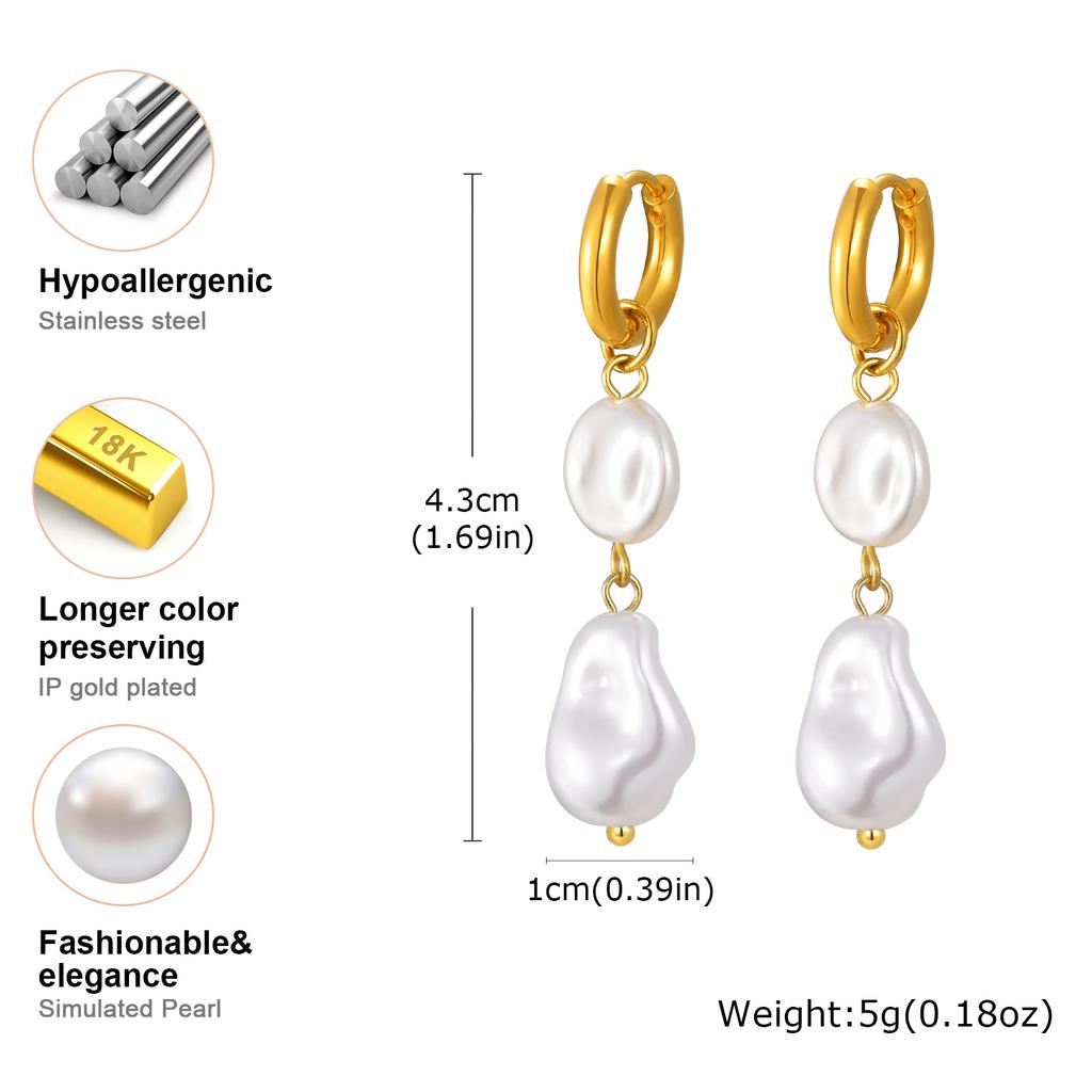 Vintage Irregular Imitation Pearl Earrings for Women, Gold Color Stainless Steel Drop Earrings, Elegant Jewelry Party Gifts