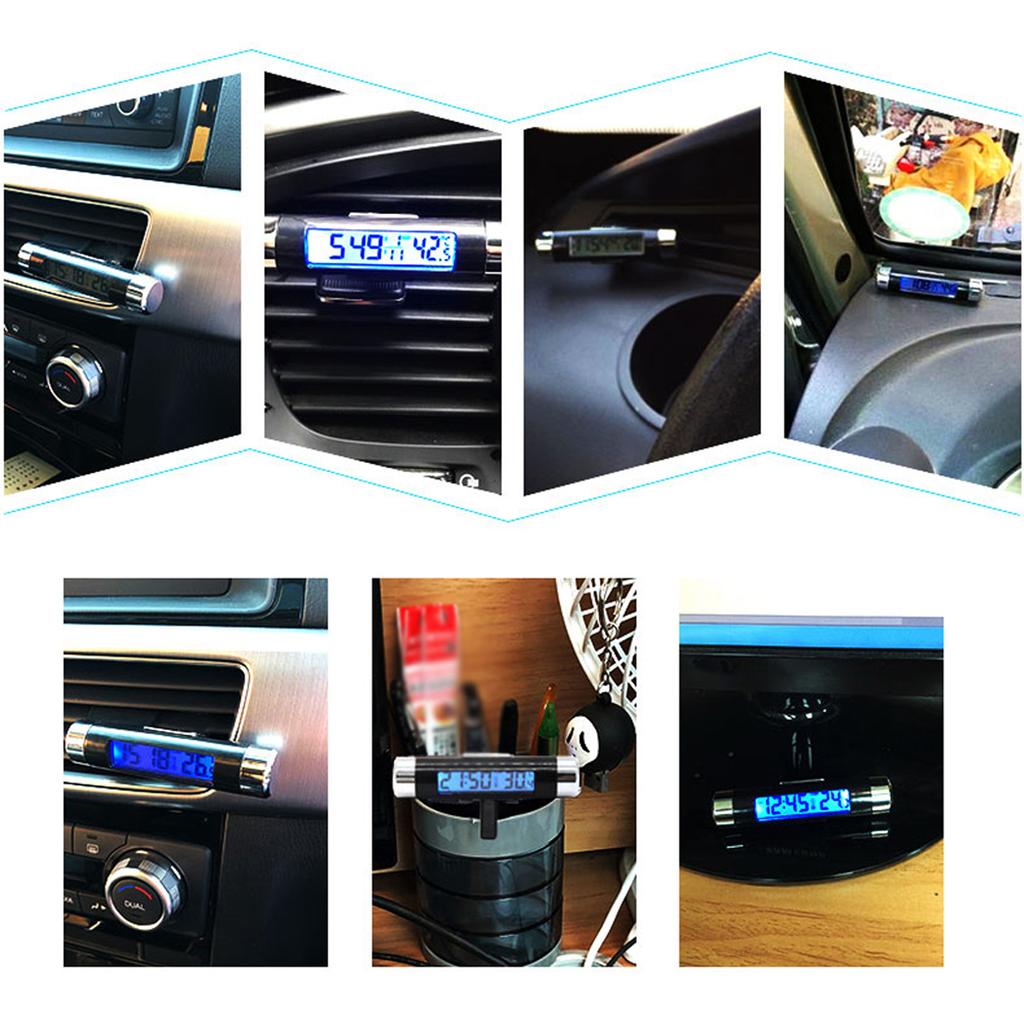2 in 1 Car Clock Temperature Meter Gauge Air Outlets Clip on LED Digital Display Thermometer with Blue Backlight 12H